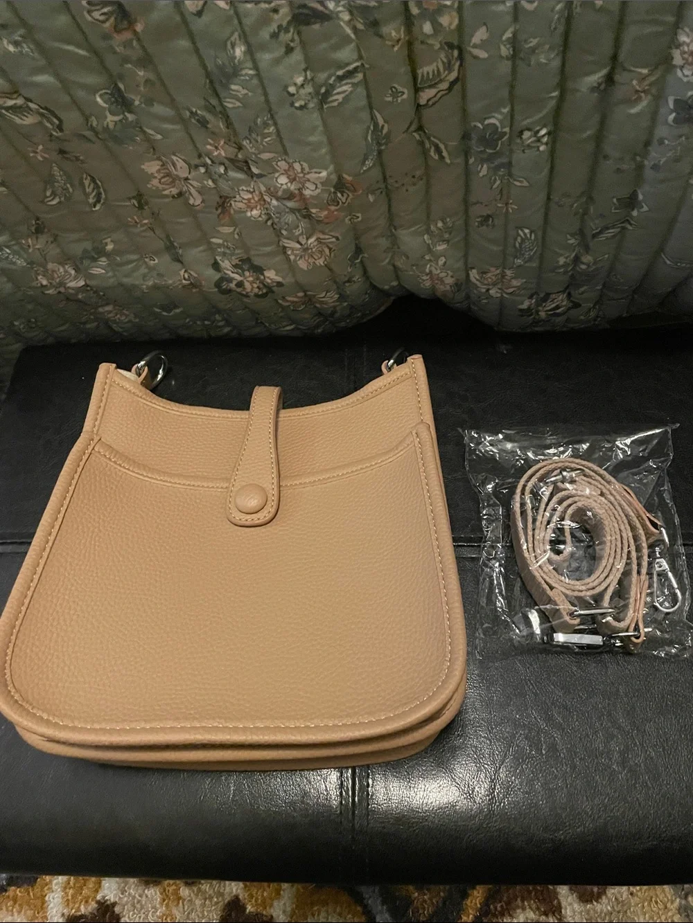 Women's Tan Crossbody with Perforated Oval H Detail. Closet clear out.